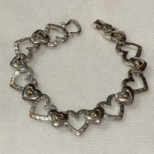 Silvertone Open Heart Link & Heart Goldtone Spacer Magnetic Clasp Bracelet